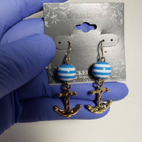 Women's Polished Gold tone Anchor White & Blue Beads Drop Dangle Earrings - Picture 6 of 7